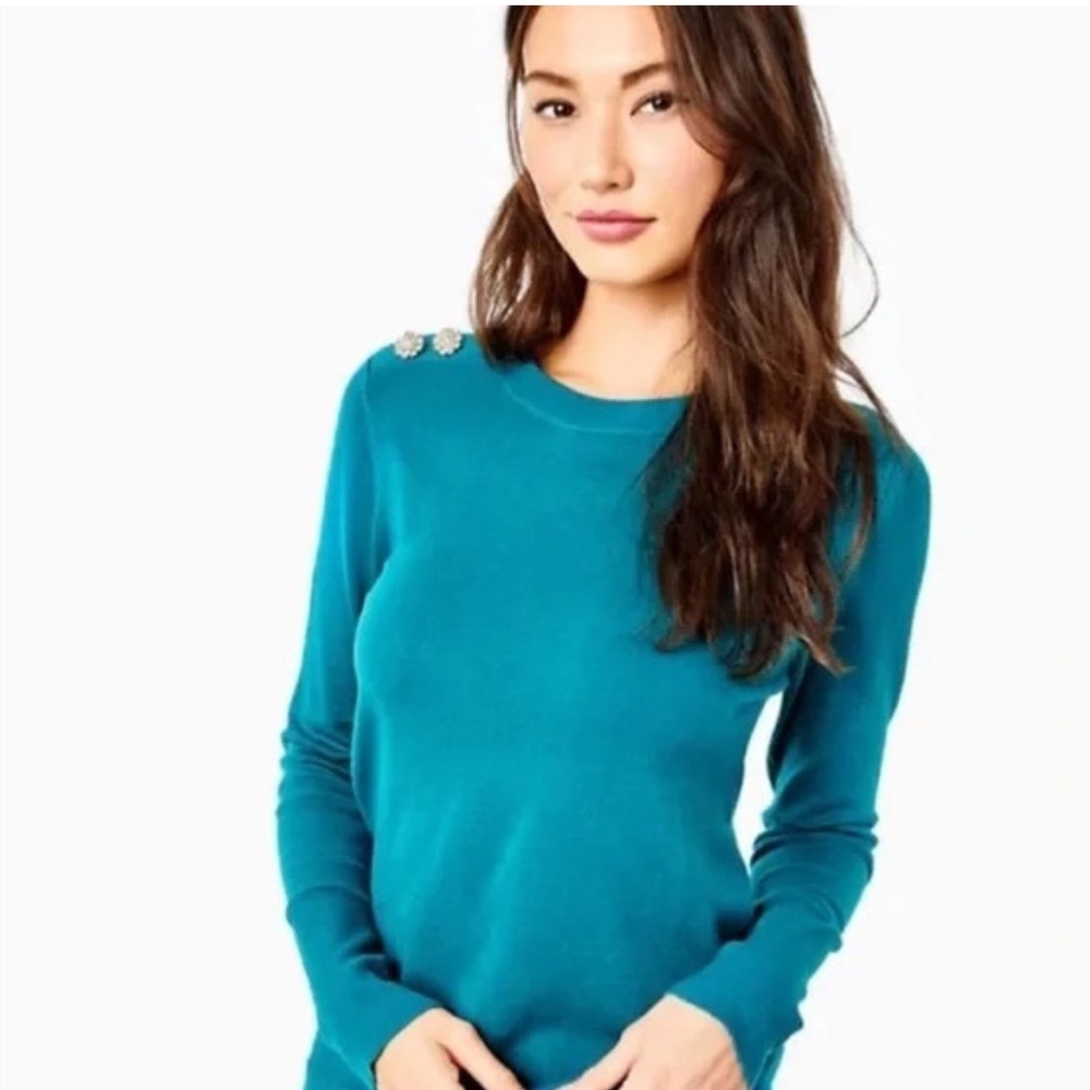 Lilly Pulitzer Valencia Teal Morgen Sweater Shoulder Detail Size Medium